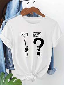 Talla Grande, Camiseta de Mujer con Estampado Gráfico WAIT WHAT, Manga Corta, Cuello Redondo, Top Casual para Verano y Primavera, Ropa de Mujer - Blanco - Ver 1