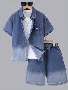 2pcs Summer Boys Teen Casual Denim Gradient Color Shirt And Shorts Set - Light Wash - View 1