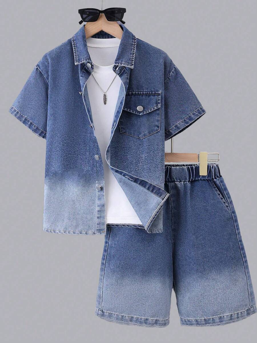 2pcs Summer Boys Teen Casual Denim Gradient Color Shirt And Shorts Set - Light Wash - View 1