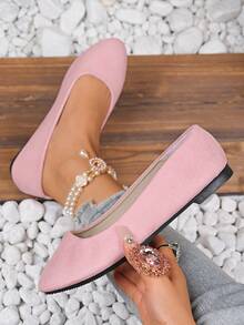 Women's Suede Flat Shoes, Solid Color Pointed Toe Low Heel Slip-On Boat Shoes, Candy Color Round Toe Cloth Shoes, Versatile Flat Shoes - Pink - View 3