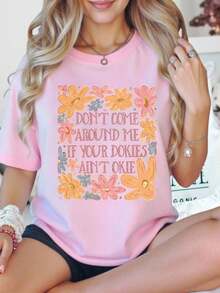 Women's Pink Summer Oversized T-Shirt With "Love You Cherry Much" Phrase And Cherries. Loose-Fitting Round Neck T-Shirt With Printed Text And Cherry Design. - YH413-粉紅色 - 查看 1