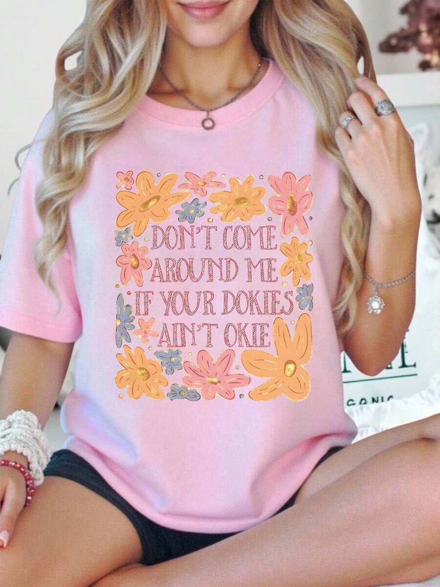 Women's Pink Summer Oversized T-Shirt With "Love You Cherry Much" Phrase And Cherries. Loose-Fitting Round Neck T-Shirt With Printed Text And Cherry Design. - YH413-粉紅色 - 查看 1