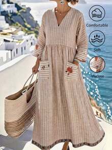 Vestido de playa informal de verano 2026 con estampado de rayas, cuello en V y suelto, tipo lino - Caqui - Ver 9