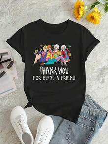 Camiseta de mujer moderna de manga corta con cuello redondo y estampado minimalista de Gracias, Abuela en inglés, cómoda camiseta deportiva casual de verano para mujeres durante las vacaciones - Negro - Ver 1