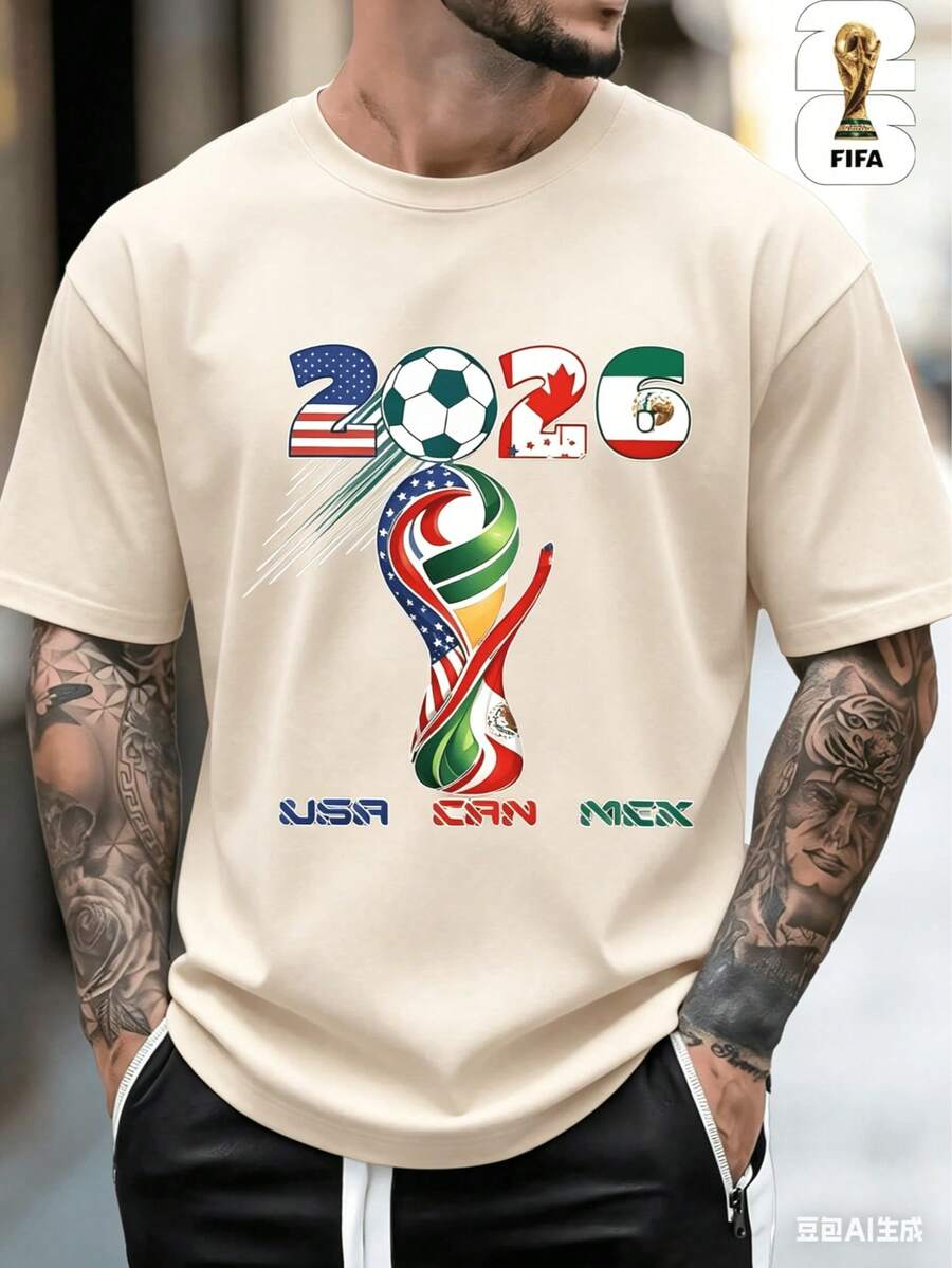 [FIFA World Cup Licensed]Single Piece, 2026 Model, Unisex Short-Sleeve Soccer T-Shirt For The US, Canada, And Mexico, Versatile Men's Round-Neck Comfortable T-Shirt, Soft And Comfortable Fabric, Suitable For Sports, Daily Casual Wear, And Outdoor Activities, Fan Gift - 杏色 - 查看 1