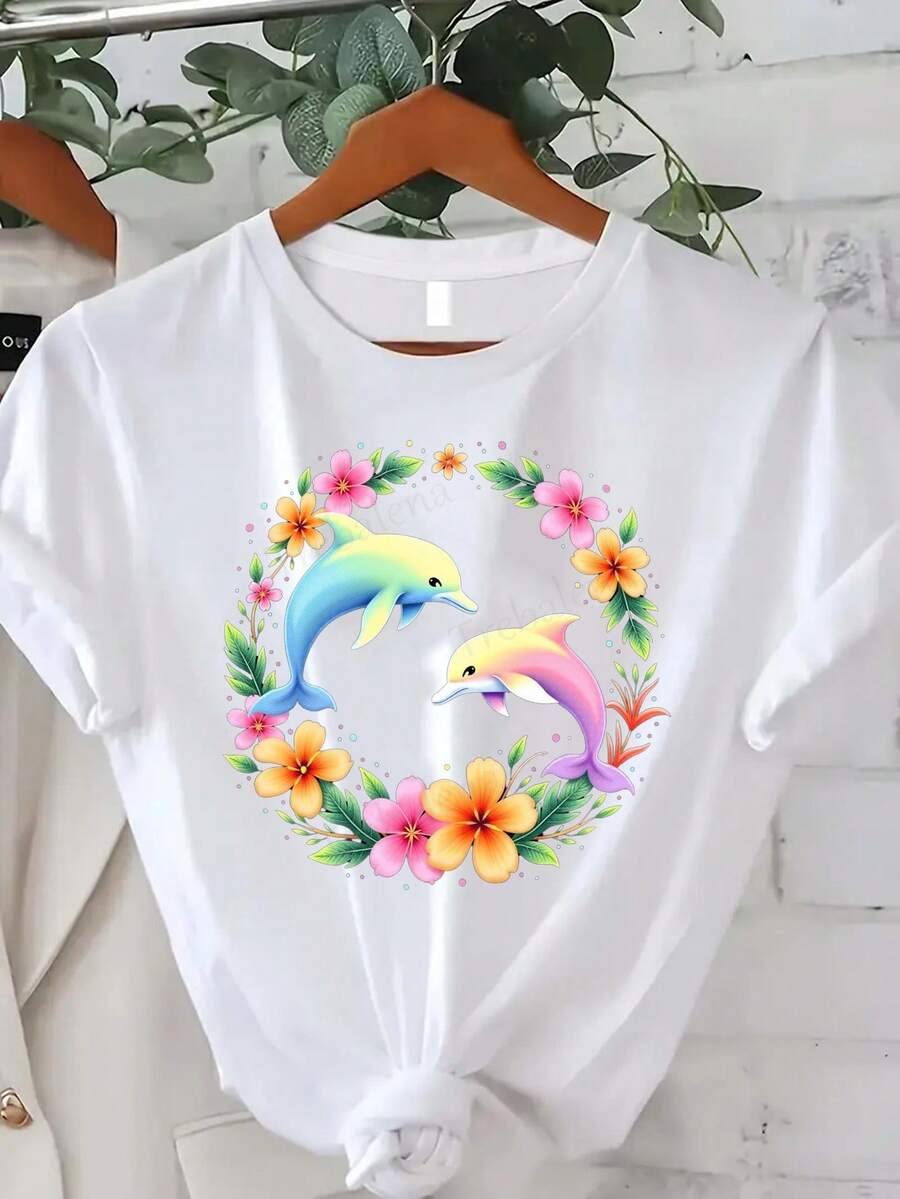 Plus Size Women's Clothing, Short-Sleeved T-Shirt With Round Neck And Colorful Dolphin And Marine Life Print, Adorned With Floral And Dolphin Motifs, Casual Shirt For Spring, Summer And Autumn, Suitable For Everyday Wear And As A Gift For The Holidays (Halloween, Christmas) - Machine Washable. Gift Idea. - 白色 - 查看 1