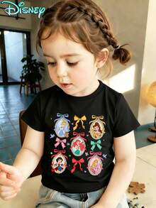 Disney Princess Cinderella Belle Ariel Snow White Aurora Toddler Girl T-Shirt, 6 Months-3 Years Short Sleeve Casual Top With Cute Character & Bow Print, Everyday Playwear Express Delivery - màu đen - Xem 1