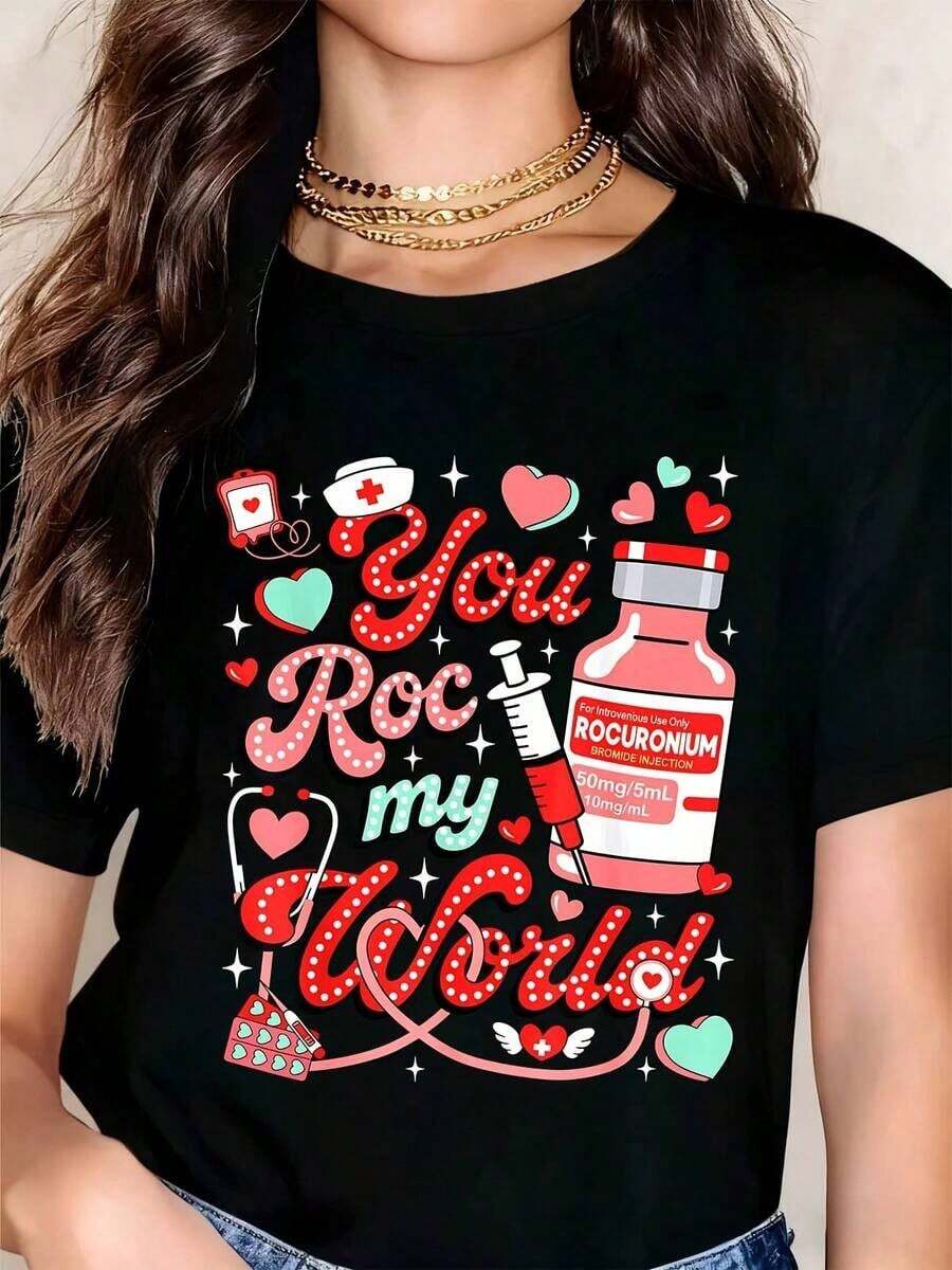 Camiseta de Enfermera de Manga Corta "You My World" con Diseño de Medicamento Uronium para Profesionales Médicos y Amantes de la Salud, Camiseta de Verano - Negro - Ver 1