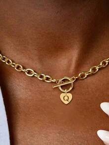 1 pieza Collar con colgante de letra en forma de corazón de acero inoxidable con cierre en T, uso de moda para mujeres en fiestas, evento de Ramadán - Estilo 3 - Ver 11