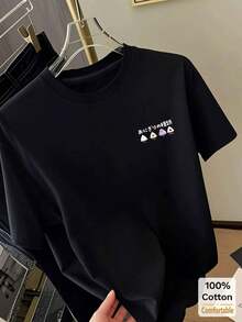 Custom Graphic Print Mid-Length Short Sleeve T-Shirt, Fashionable Casual Top For Women, Loose Cotton Short Sleeve Round Neck T-Shirt, Vintage Summer Street Style In Black. - 黑色 - 查看 4