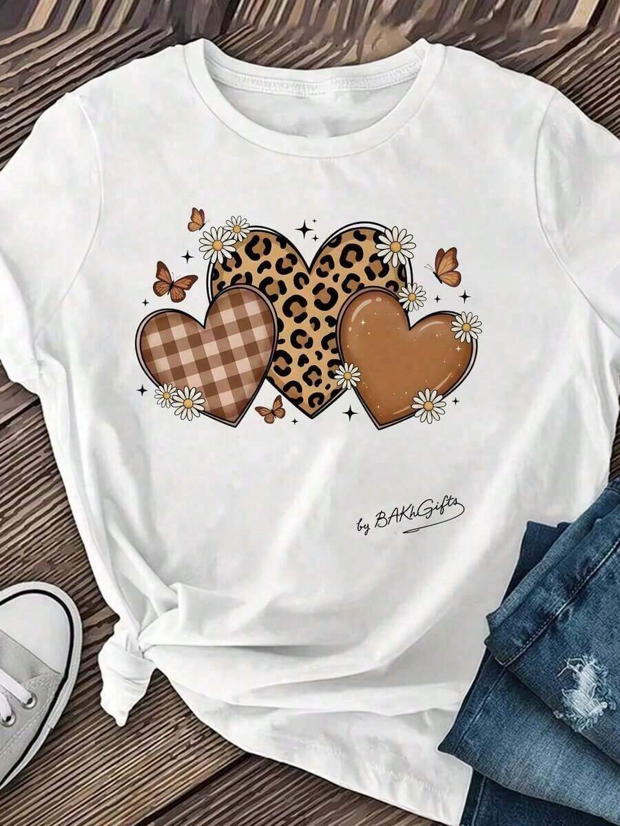 Playera Blanca de Mujer con Gráfico de Corazón de Leopardo y Letras LOVE, Camiseta de Estilo Boho Retro Aesthetic Manga Corta, Top Romántico Moderno, Blusa Casual de Moda EGNC - azul y negro - Ver 1
