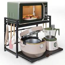 NETEL Extraíble Soporte para Microondas, s Estante para Cocina, Extensible Mueble para Microondas, Altura Ajustable Base para Microondas, Organizador de Cocina con 8 Ganchos, Negro - 2 Niveles extrable - Ver 2