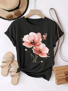 Camiseta de manga corta para mujer, primavera-verano - Blusa casual de cuello redondo, top compatible adecuado para climas cálidos, camisa opaca de elasticidad media no transparente, lavable a máquina, atuendo casual para oficina, conjuntos y superposición de capas. - Multicolor - Ver 7