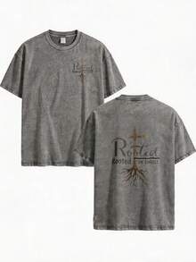 Camiseta de hombre estilo religioso, lavada, con efecto de copo de nieve, de corte holgado, con diseño de cruz cristiana y raíz, un regalo cristiano de primavera/verano para un creyente. - Gris - Ver 1