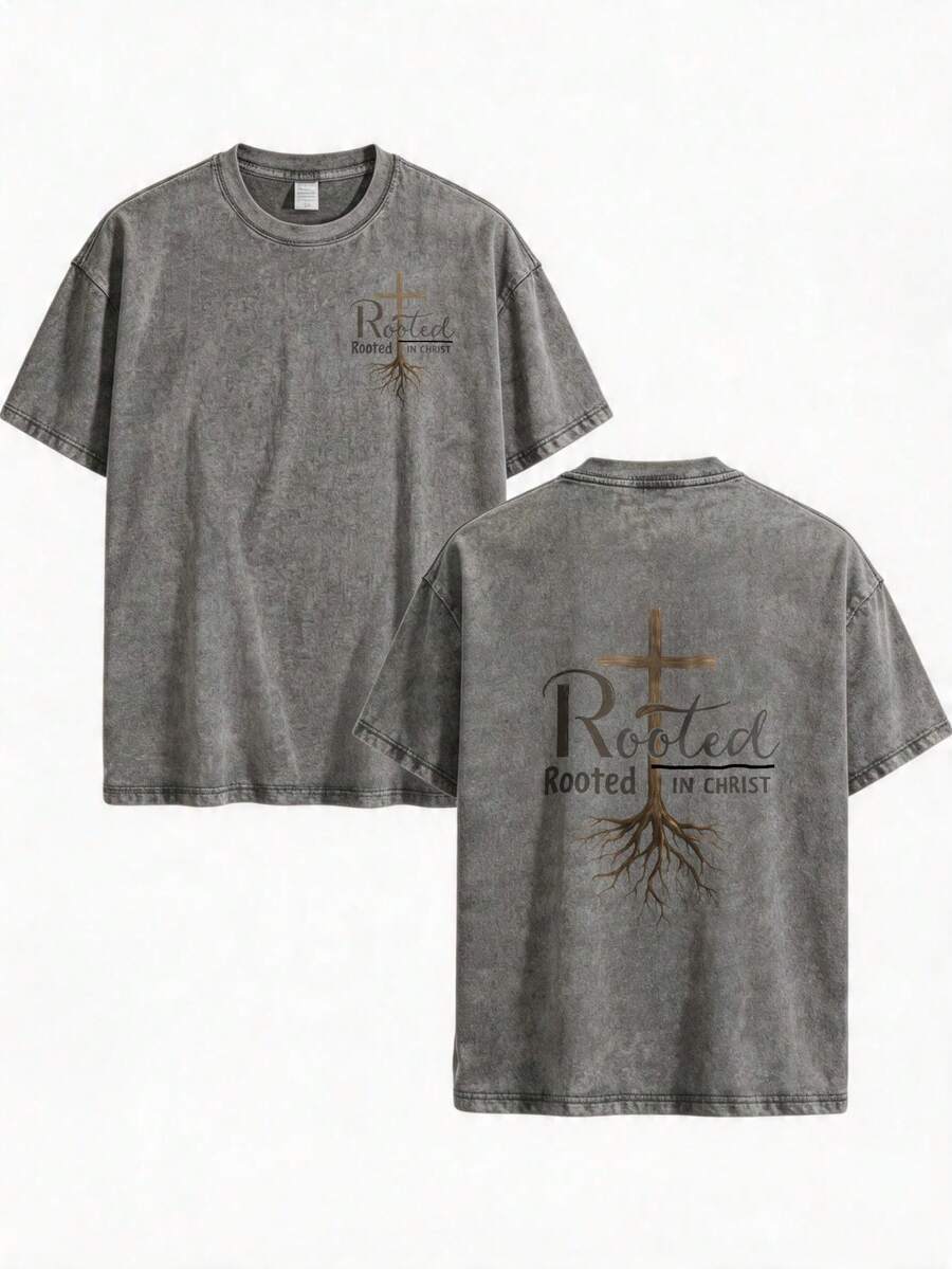 Camiseta de hombre estilo religioso, lavada, con efecto de copo de nieve, de corte holgado, con diseño de cruz cristiana y raíz, un regalo cristiano de primavera/verano para un creyente. - Gris - Ver 1