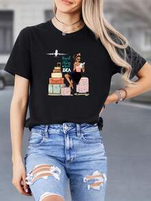 Camiseta clásica estampada con temática de viajes, elegante y transpirable, de manga corta y cuello redondo, ideal para primavera, verano y otoño - Negro - Ver 6