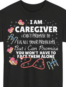 Funny Graphic T-Shirt For Caregivers - "I'm A Caregiver" Print, 100% Comfortable And Breathable Casual T-Shirt For Men And Women, Short Sleeve Design With Floral And Footwear Illustrations, Perfect For All Seasons, Extra Long Plus Size - 黑色 - 查看 6