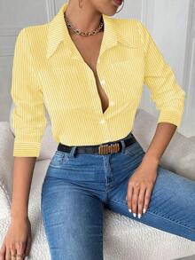 Blusa blanca de manga larga con bolsillo y ajuste ceñido para mujer - Mostaza Amarilla - Ver 4