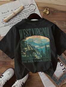 GiftBlusas para mujer con estampado de doble cara, top casual de verano para mujer, estilo vintage, estampado de montaña y oso WEST VIRGINIA THE MOUNTAIN, cuello redondo, manga corta, talla L, de gimnasio y2k, cuello redondo, 100% algodón, tejido suave, manga corta. Suave - Negro - Ver 4