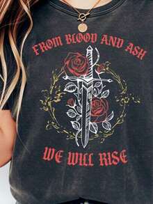 Breathable, Cool And Refreshing Short-Sleeved T-Shirt For Summer, From Blood And Ash We Will Rise, With Round Neck, Gift For Book Lovers, 100% Cotton, Vintage Washed Style, Unisex Oversize T-Shirt, Y2K Streetwear, 100% Cotton. - 黑色 - 查看 1