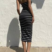 Mid-Length Women's Casual Dress, Fashionable Style Suitable For Summer,Black And White Striped Long Bodycon Dress With Pleated Bows On The Cups, Elegant, Tube Top, Stretch Textured Fabric, Summer Clothing For Women, Suitable For Daily Wear Party Vacation Beach Holiday Resort - Blanco y Negro - Ver 3