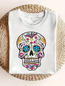 Solt Camisetas Ligeras con Estampado Gráfico para Mujer, Diseño de Calavera de Azúcar para el Día de los Muertos - Diseño vibrante mexicano del Día de los Muertos, top casual de manga corta y cuello redondo semitransparente, lavable a máquina para comodidad en todas las estaciones, camiseta con estampado de calavera, atuendo festivo, tela ligera, 100% algodón, una opción popular. gráfico - Blanco - Ver 1