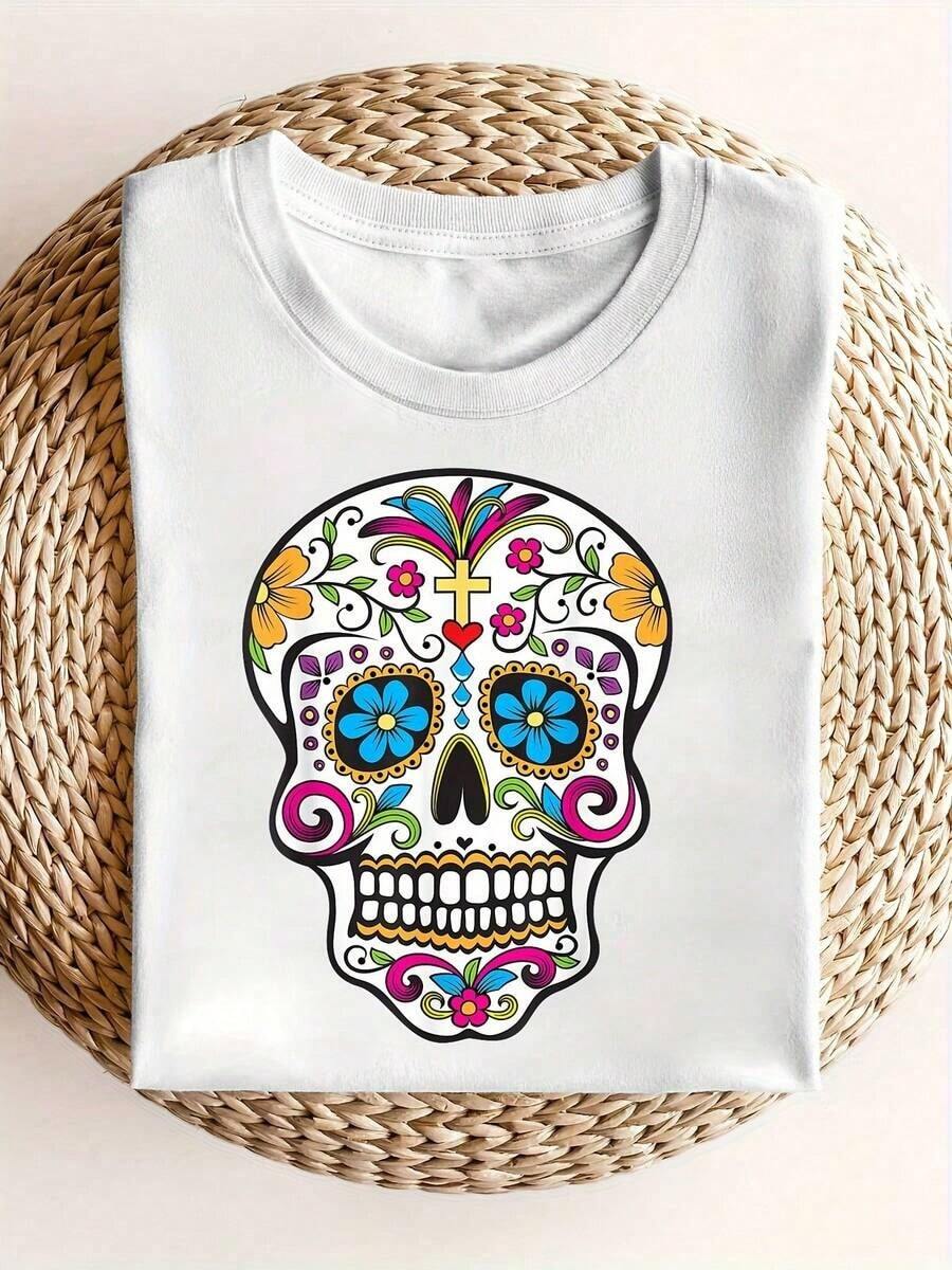 Solt Camisetas Ligeras con Estampado Gráfico para Mujer, Diseño de Calavera de Azúcar para el Día de los Muertos - Diseño vibrante mexicano del Día de los Muertos, top casual de manga corta y cuello redondo semitransparente, lavable a máquina para comodidad en todas las estaciones, camiseta con estampado de calavera, atuendo festivo, tela ligera, 100% algodón, una opción popular. gráfico - Blanco - Ver 1