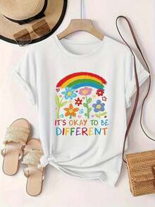 Camiseta estampada casual y elegante para mujer, tallas 0-8XL, capa base para salidas diarias, camiseta negra de manga corta única para mujer, con estampado floral de arcoíris y el mensaje positivo "Está bien ser diferente". - Blanco 1 - Ver 1