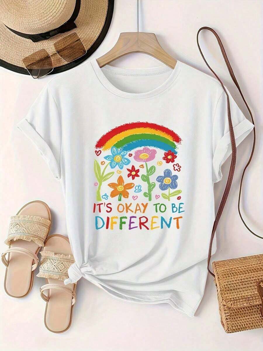 Camiseta estampada casual y elegante para mujer, tallas 0-8XL, capa base para salidas diarias, camiseta negra de manga corta única para mujer, con estampado floral de arcoíris y el mensaje positivo "Está bien ser diferente". - Blanco 1 - Ver 1