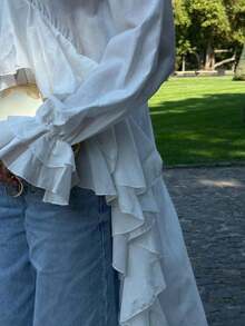 White Beach Blouse With Ruffles, V-Neck And Bell Sleeves, Exclusive Design With Long Trailing Skirt - White - View 6