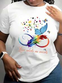 Camiseta Blanca con Estampado de Mariposa Arcoíris y Piezas de Rompecabezas, Diseño 'El Amor No Necesita Palabras' para la Concientización sobre el Autismo, Ropa Casual - Blanco - Ver 7
