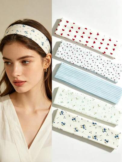 Set de 5 diademas elásticas con estampado floral y de corazón para mujeres, diademas anchas suaves y antideslizantes, adecuadas para yoga, maquillaje y uso diario, accesorios de cabello versátiles para uso casual y vacaciones