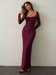 Vestido negro ajustado hasta el suelo con cuello corsé ahuecado y mangas largas con encaje en forma de S sexy para mujer para fiestas, citas y banquetes de otoño/invierno nuevo - Burdeos 3 - Ver 4