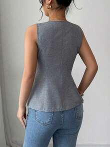 Blusa exterior con cuello en V ajustada con decoración de botones dorados con rosas - Gris - Ver 2