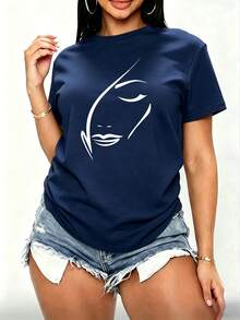 Playera Casual Mujer "Rostro Femenino Minimalista" - Azul Marino con Estampado de Líneas Elegantes - Azul Marino - Ver 4