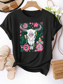Una camiseta de manga corta para mujer, moderna, a la moda, retro, holgada, suave y cómoda, adecuada para actividades al aire libre en primavera y verano.Camiseta casual de manga corta para mujer - con estampado floral, de cactus o de calaveras.Tela suave y elástica, lavable a máquina para comodidad en todas las estaciones, disponible en múltiples colores, tallas S-XXL, perfecta para el uso diario.blusas para mujer,blusas casuales para dama,tops,, mujer premium,y2k,playeras de mujer curvy,ofertas y liquidaciones ropa mujer,playeras deportivas para mujer,,playeras de hombre, mujer,blusas>elegante RGDG - Negro - Ver 1
