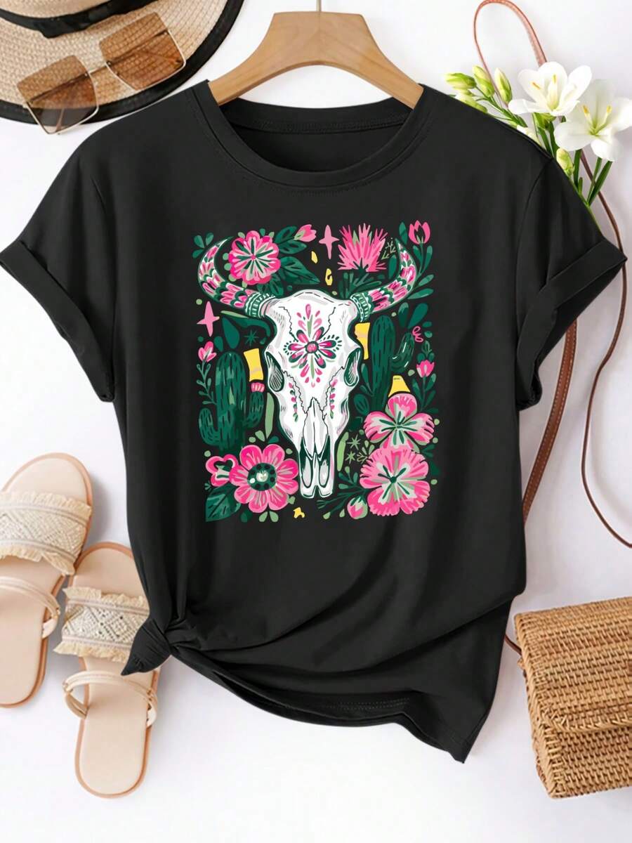 Una camiseta de manga corta para mujer, moderna, a la moda, retro, holgada, suave y cómoda, adecuada para actividades al aire libre en primavera y verano.Camiseta casual de manga corta para mujer - con estampado floral, de cactus o de calaveras.Tela suave y elástica, lavable a máquina para comodidad en todas las estaciones, disponible en múltiples colores, tallas S-XXL, perfecta para el uso diario.blusas para mujer,blusas casuales para dama,tops,, mujer premium,y2k,playeras de mujer curvy,ofertas y liquidaciones ropa mujer,playeras deportivas para mujer,,playeras de hombre, mujer,blusas>elegante RGDG - Negro - Ver 1