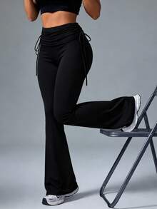 Pantalones Deportivos Acampanados de Cintura Alta, con Efecto de Control de Abdomen y Pierna Larga, para Mujer - Negro - Ver 3