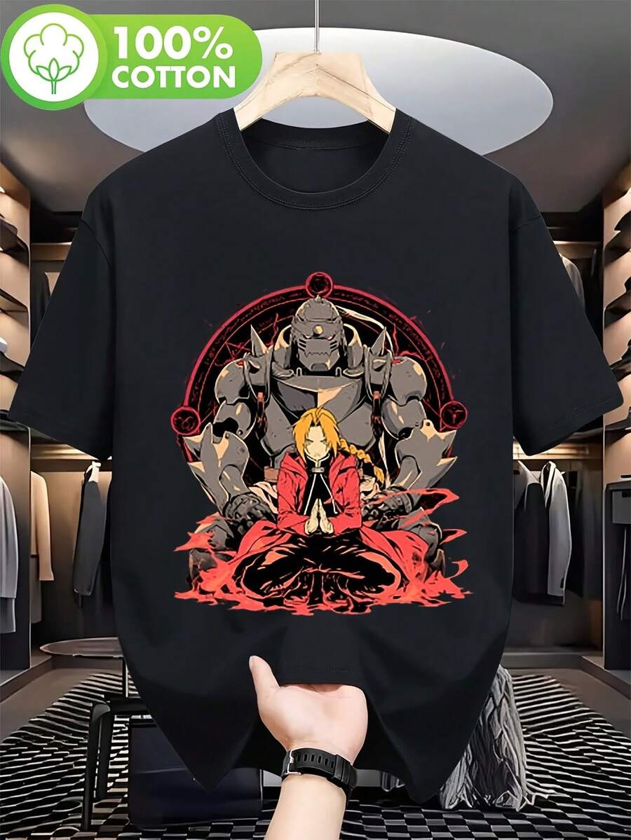 A T-Shirt With A Striking Cartoon Design Depicting An Intense Battle Between A Metallic God And An Armored Warrior, Available In Black With Red Details And Gray Trim. This Garment Is Suitable For Men, Women, And Teenagers. - 黑色 - 查看 1