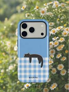 GIIPPA 1 Piece Light Blue Base With Plaid Patchwork And Slouchy Cat Design Phone 17 Pro Max Case, Compatible With IPhone 16 Pro Max, 15 Pro Max, 14 Pro Max, Korean Stylish And Interesting Phone Case, Fits 11/12/13/14/15/16 Pro Max Plus, Elegant Design Suitable For Both Men And Women, Ideal Gift For Christmas, Valentine's Day, Easter, Wedding Season And Birthday For Girlfriend - Multicolor 1 - View 8