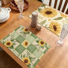 A Complete Set Of Daily Sunflower, Green Leaf, And Green Checkered Patterned Placemats, Suitable For Spring, Summer, Autumn, And Winter. It Adopts A Multi-Color Pattern Design And Is Woven From 100% Polyester Fiber. The Size Is 12 * 18 Inches And Can Be Machine Washed With Polyester Placemats. Heat Resistant, Stain Resistant, Waterproof, Easy To Clean, Suitable For Dining Tables, Holiday Party Decorations, Desktop Protection, Kitchen And Living Room Decorations, And Daily Use. - Multicolor - View 1