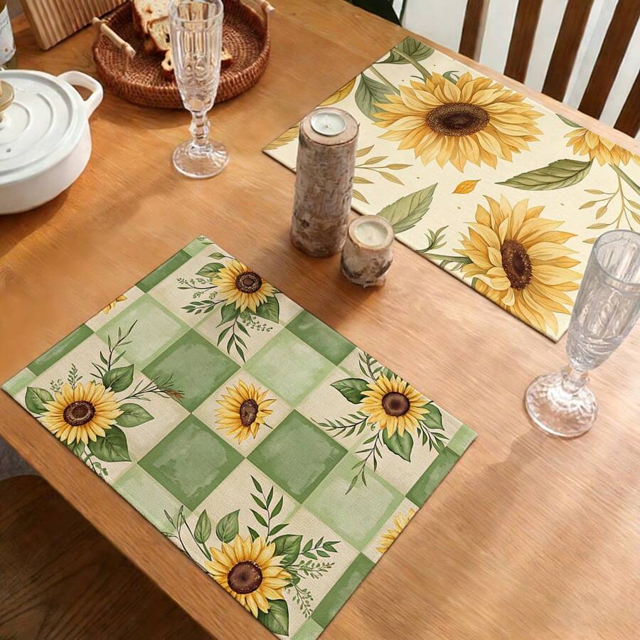 A Complete Set Of Daily Sunflower, Green Leaf, And Green Checkered Patterned Placemats, Suitable For Spring, Summer, Autumn, And Winter. It Adopts A Multi-Color Pattern Design And Is Woven From 100% Polyester Fiber. The Size Is 12 * 18 Inches And Can Be Machine Washed With Polyester Placemats. Heat Resistant, Stain Resistant, Waterproof, Easy To Clean, Suitable For Dining Tables, Holiday Party Decorations, Desktop Protection, Kitchen And Living Room Decorations, And Daily Use. - Multicolor - View 1