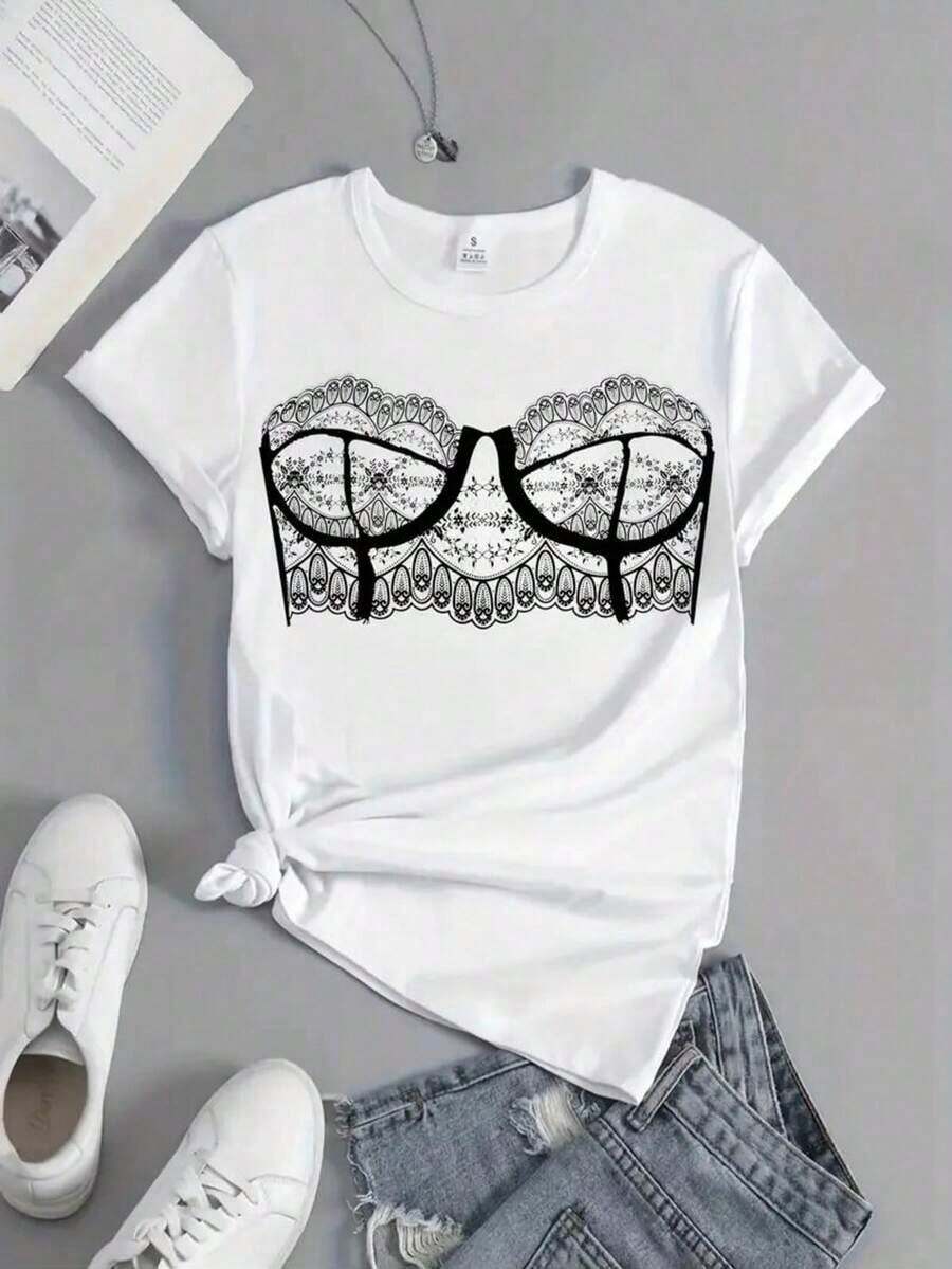 Women's Blouses, Women's T-Shirts, Casual Blouses For Ladies. Oversized Cotton T-Shirt With "Lace Illusion" Print, Fashionable Casual Style For Women SX2R - 白色 - 查看 1