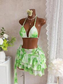 Bellisia Conjunto de traje de baño de 3 piezas con top de bikini estilo halter con estampado floral acuarela, tanga con lazos y falda pareo, para vacaciones de verano - Multicolor 4 - Ver 3