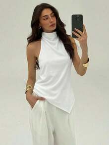 Blusa de cuello halter con bajo asimétrico de unicolor, top de verano para mujer, top de vacaciones de verano - Blanco - Ver 5