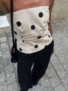 Top ajustado de mujer de estilo vintage y retro con lunares, casual de verano - Albaricoque - Ver 3