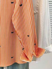 Camisa de manga larga con estampado a rayas y lazo, con botones delanteros, cuello de camisa, top casual, adecuado para primavera, otoño e invierno en color rosa - Naranja - Ver 9