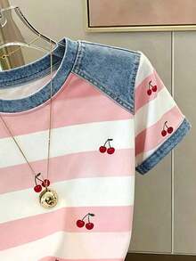 Camiseta de manga corta de ajuste ceñido con estampado digital de rayas de frutas, versátil para mujer.Camiseta con estampado de cerezas todo sobre, camiseta de cerezas, camiseta de rayas, camiseta de frutas - Rosa 2 - Ver 3