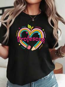 1 Piece Of Women's Short-Sleeved T-Shirt With "Teacher" Text Print, Love-Themed, Round Neck, For Spring-Summer, Suitable For Casual Shopping, Holiday Gifts And Meetings With Friends, 180g 100% Cotton. - 黑色 - 查看 1