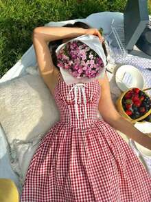 Vestido midi de estilo romántico y campestre con estampado de cuadros rojos y blancos - Rojo y blanco - Ver 5